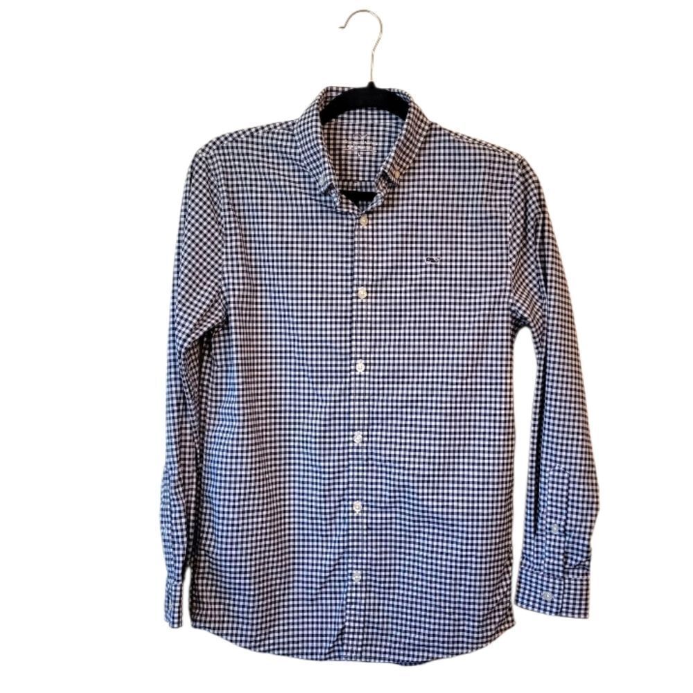 Vineyard Vines Youth Performance Navy Blue And White Gingham Button Down Shirt L